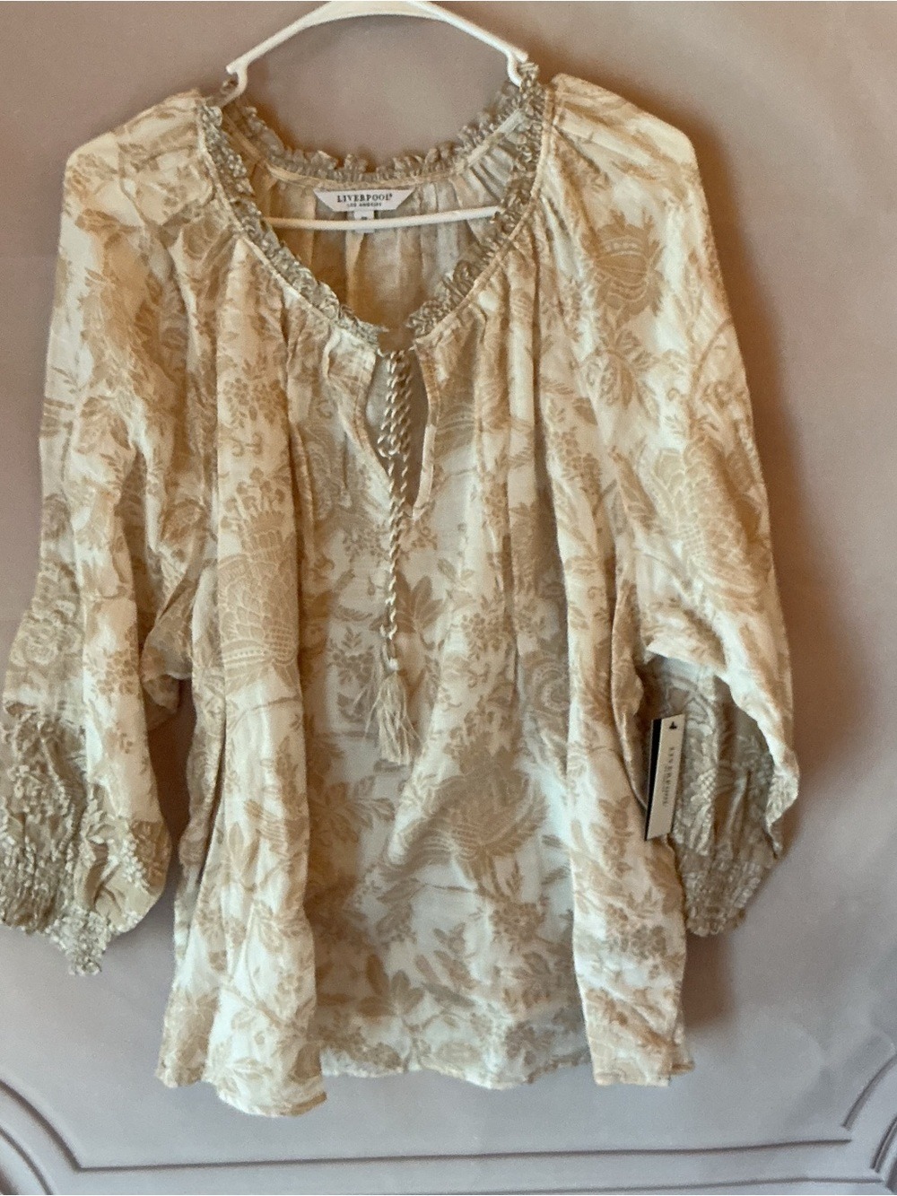 ✨ Liverpool Beige & Cream Patterned Tassel Tie Blouse 3XL NWT